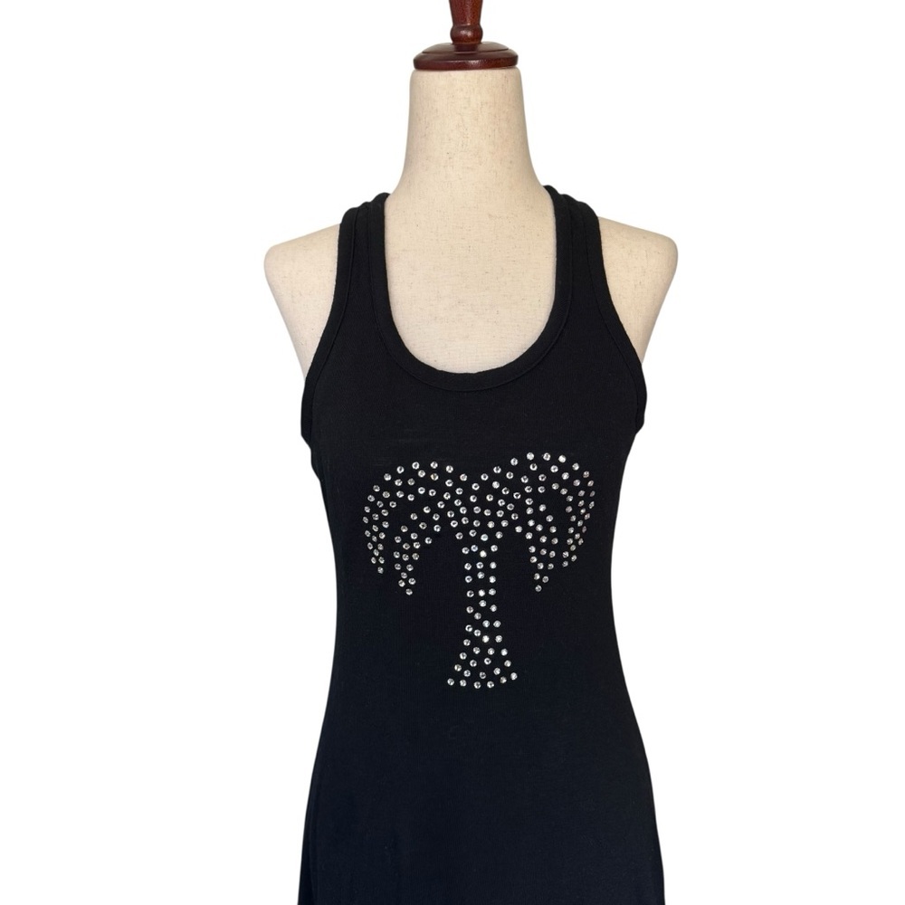 Vintage 70s Oops Black Maxi Dress Rhinestone Palm Tree Design Hippie Boho S - Picture 3 of 11
